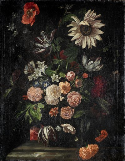 Rozen, tulpen, papaver, een zonnebloem en andere bloemen door Follower of Ernst Stuven